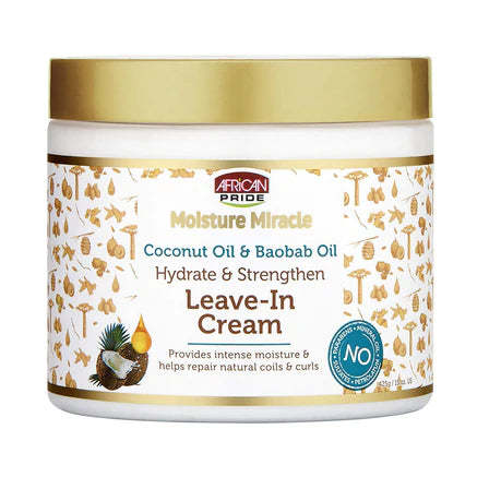 African Pride Moisture Miracle Leave-In Cream, Coconut Oil & Baobab Oil, Hydrate & Strengthen, 15 Oz