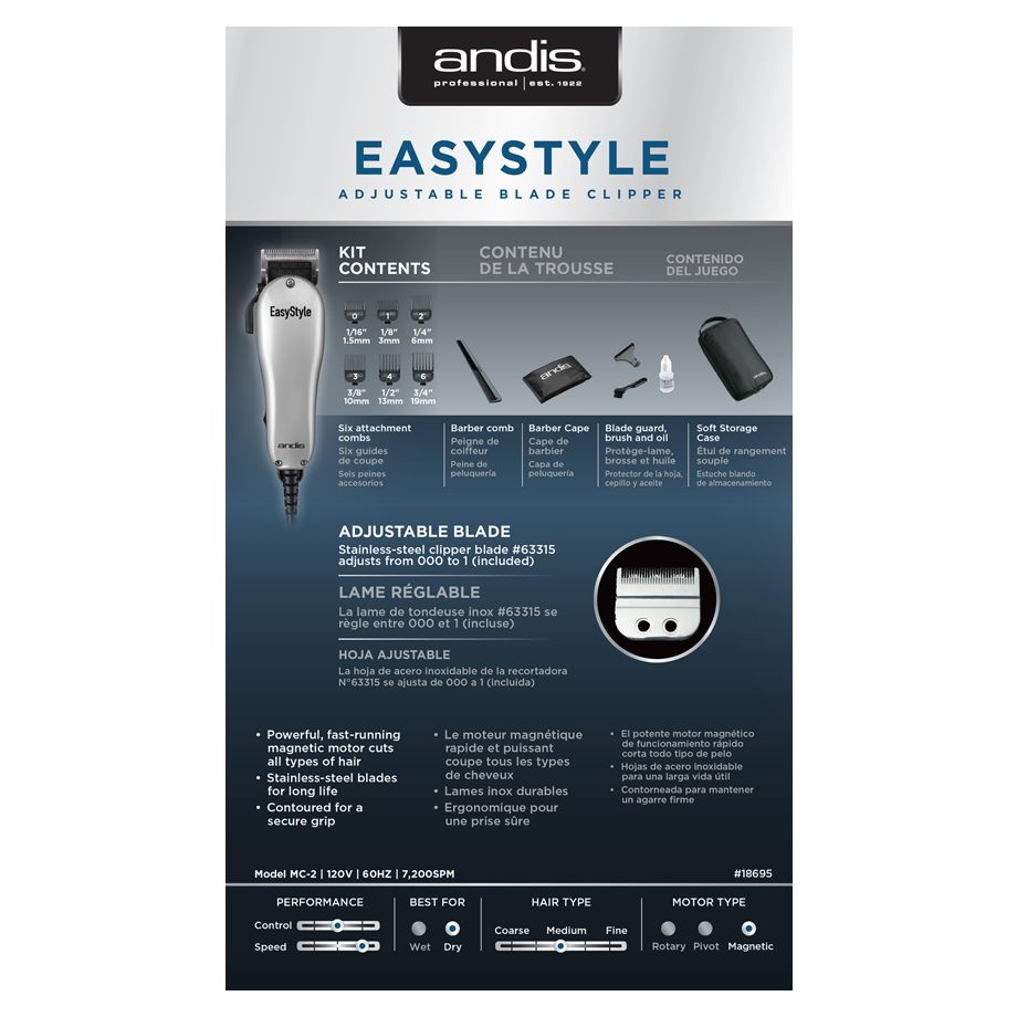  ANDIS EASYSTYLE ADJUSTABLE BLADE CLIPPER 13 PIECE KIT #18695