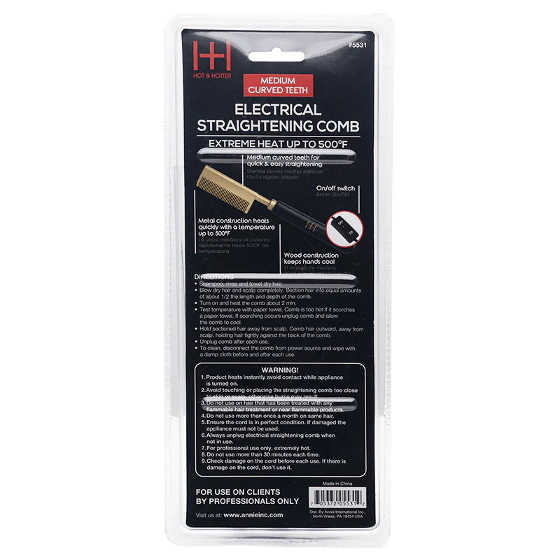  Hot & Hotter Electrical Straightening Comb Medium Curved Teeth #5531