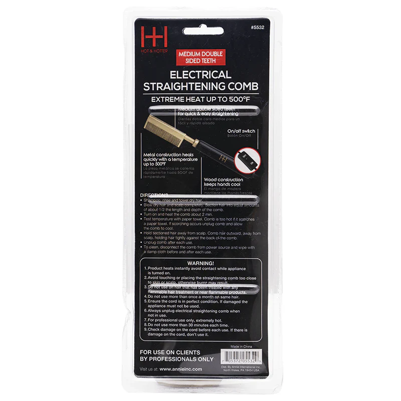  Hot & Hotter Electrical Straightening Comb Medium Double Sided Teeth #5532