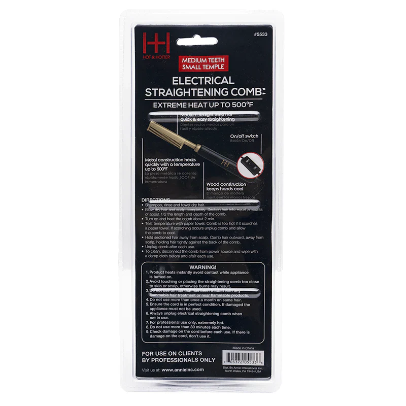  Hot & Hotter Electrical Straightening Comb Medium Teeth Small Temple Head #5533